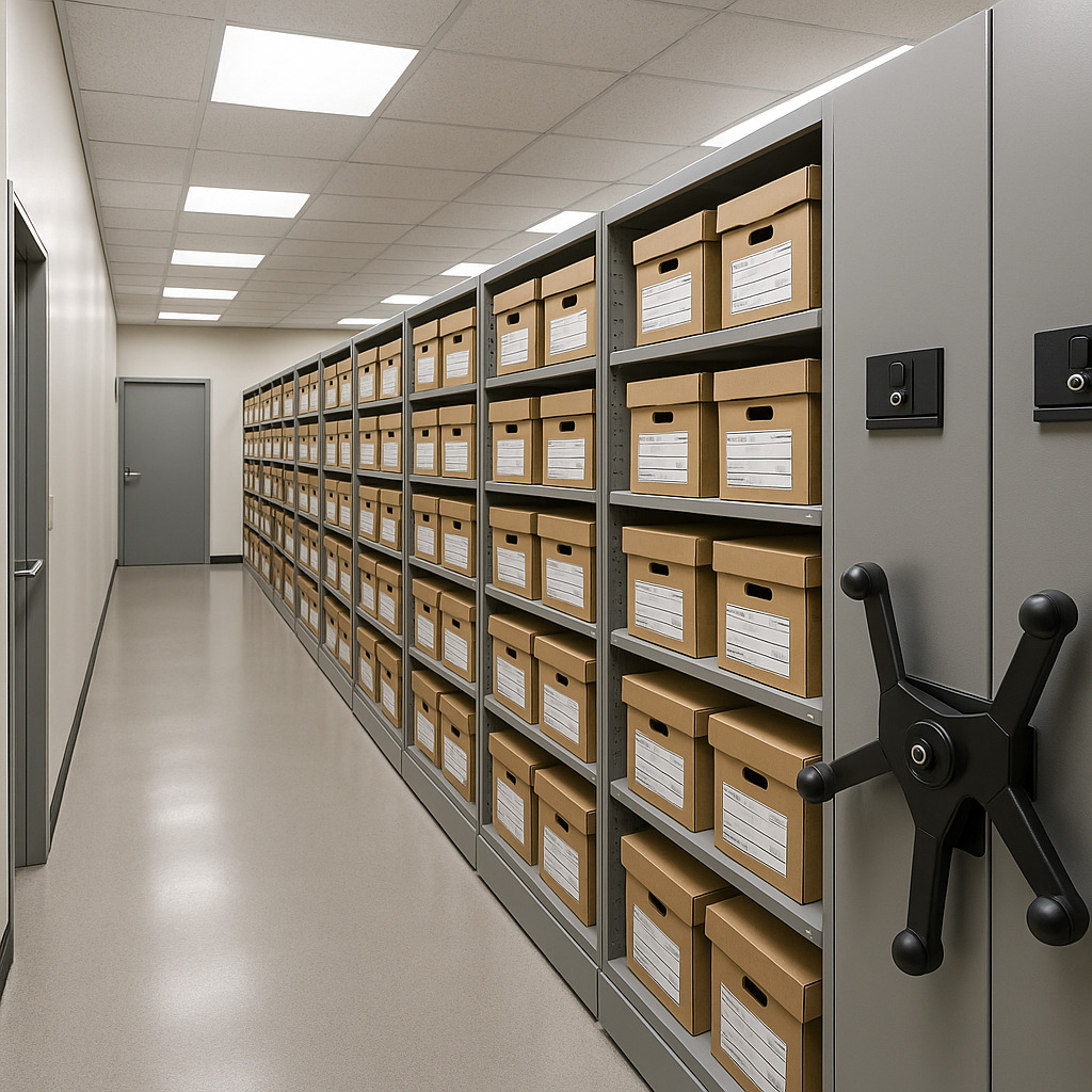 Modern police evidence room with high-density mobile shelving showing secure, organized storage with integrated locking mechanisms