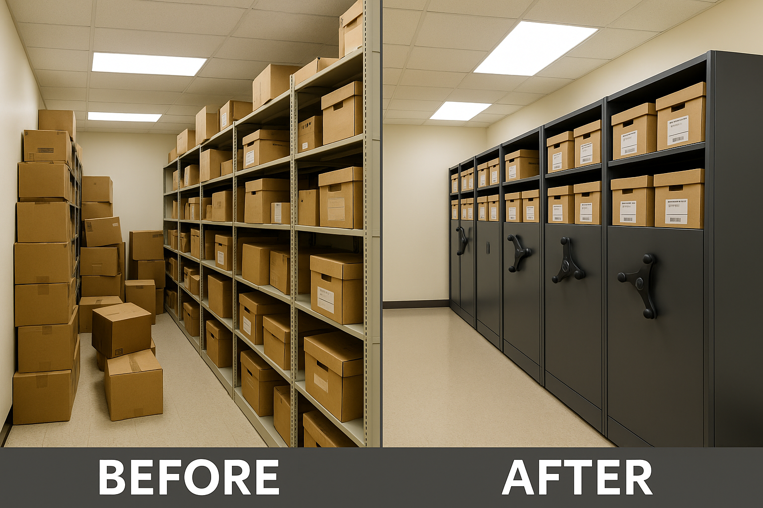 Before and after comparison of police evidence room transformation with mobile shelving showing 150% space increase