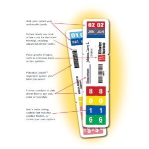 An image depicts the Smead ColorBar 8 Labels, 6-Up Sheet, featuring color-coded month/date bands, bar codes, large graphics, and customizable text on ColorFit alignment for data tracking and organization. The product includes 1008 labels per box.