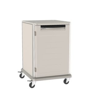 A beige, rectangular, wheeled medical cart with a vertical handle and four swivel casters. The cart has a smooth surface with horizontal lines and is designed for easy mobility in healthcare settings.