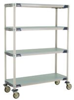 The MetroMax i X356EFX3 Mobile Cart features four adjustable solid shelves on wheels within a sturdy industrial plastic frame with blue accents. Measuring 18 x 48 x 67.3125, its designed for versatile storage and easy mobility in various settings.