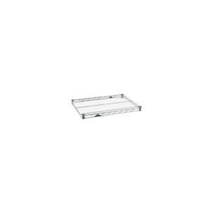 A metal wire shelf with a grid pattern, featuring a rectangular shape. The shelf has four corner brackets for mounting or stacking, and a shiny metallic finish.