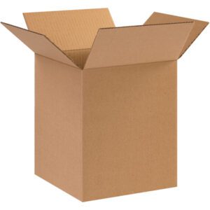 A brown MH-USA 10 x 10 x 12 corrugated box, from a bundle of 25, stands upright with open flaps against a white background. It appears empty, highlighting its corrugated texture suitable for diverse storage needs.