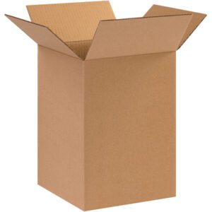 The MH-USA 10 x 10 x 14 corrugated box from a 25/bundle pack stands open with its flaps outward, set upright against a plain white background.