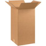 A tall MH-USA 10 x 10 x 20 corrugated box with outward-folded flaps stands upright against a plain white background.