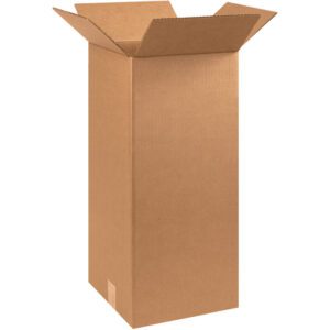A tall, plain brown cardboard box with open flaps stands upright against a white background, resembling the MH-USA 10 x 10 x 24 Tall Corrugated Boxes (25/Bundle).
