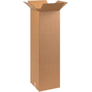 A tall MH-USA 10 x 10 x 36 corrugated box stands upright with flaps extended, its textured brown surface highlighted against a white background. (25/Bundle).