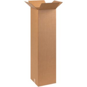A tall, plain light brown MH-USA 10 x 10 x 40 corrugated box (25/Bundle) stands open and upright, commonly used for shipping or storage, with top flaps open revealing its empty interior.