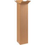 A tall MH-USA 10 x 10 x 48 corrugated box stands with flaps extended, highlighting its sturdy design against a white background. (20/Bundle).