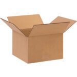 An empty brown MH-USA 10 x 10 x 6 Corrugated Box (25/Bundle) sits open with flaps outward on a white background, ready for its next use.