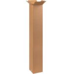 The MH-USA 10 x 10 x 60 Tall Corrugated Boxes, sold in bundles of 15, stand upright with partially open top flaps to show their sturdy brown material. Ideal for shipping long items, they are displayed against a plain white backdrop.