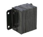 The Vestil Laminated Dock Bumper 10 X 12 X 6 In is black with stacked rubber layers and a strong metal bracket featuring two bolt holes for secure mounting.