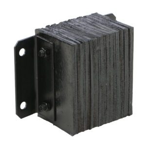 The Vestil Laminated Dock Bumper 10 X 12 X 6 In is black with stacked rubber layers and a strong metal bracket featuring two bolt holes for secure mounting.