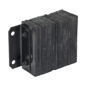 The Vestil Laminated Dock Bumper 10 X 14 X 4.5In consists of stacked flat black rubber sheets secured by metal brackets with two mounting holes, ensuring the ridged texture is tightly fastened in place.