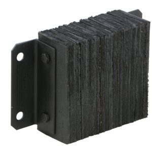 The Vestil Laminated Dock Bumper, 10 x 14 x 4.5 inches, has a rectangular black rubber design with a textured surface. It is mounted on a black metal bracket with two side bolt holes for easy attachment and features stacked layers for durability and cushioning.