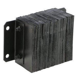 The Vestil Laminated Dock Bumper, measuring 10 X 14 X 6 inches, includes a black industrial rubber buffer with stacked plates and dual metal brackets with bolt holes for mounting, designed to absorb impact and minimize vibrations.