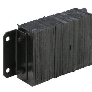 The Vestil Laminated Dock Bumper 10 x 18 x 4.5 in has a black rectangular industrial rubber block with visible layers, a metal plate on one side secured by two bolts with circular mounting holes, and a textured surface.