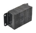 The Vestil Laminated Dock Bumper 10 X 18 X 6 In consists of dense, layered dark gray or black rubber with textured surfaces, mounted on a black metal bracket featuring two installation holes.