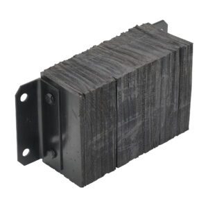 The Vestil Laminated Dock Bumper 10 X 18 X 6 In consists of dense, layered dark gray or black rubber with textured surfaces, mounted on a black metal bracket featuring two installation holes.