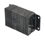 The Vestil Laminated Dock Bumper 10 X 18 X 6 features a multi-layered black rubber fender block with metal side plates, mounting holes, and bolts. The textured surface enhances durability.