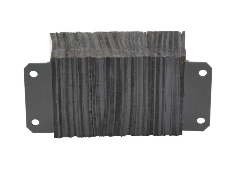 The Vestil Laminated Dock Bumper 10 X 18 X 6 In is a rectangular block with layered black material, two metal brackets on each side with circular holes, and a textured surface for enhanced durability and style.