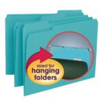 Set of three Smead Interior File Folders in aqua, showcased with a circular inset indicating compatibility with hanging folders. A red arrow and yellow label highlight sized for hanging folders, 1/3-cut tab. Each box contains 100 letter-size folders (10235).