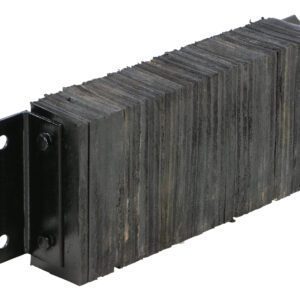 The Vestil Laminated Dock Bumper, measuring 10 x 24 x 4.5 inches, consists of rectangular black rubber pads with textured surfaces bound by side metal brackets featuring holes for simple mounting.