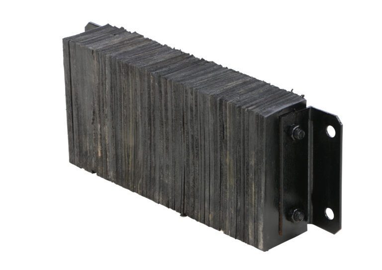 The Vestil Laminated Dock Bumper 10 X 24 X 4.5 In has a black, rectangular design with stacked rubber plates, two metal mounting brackets, and a textured surface for rugged industrial appeal.