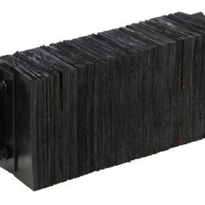 The Vestil Laminated Dock Bumper 10 X 24 X 6 In features a core made of thin, tightly packed black sheets attached with bolts to a black metal bracket, creating a robust industrial design.