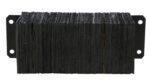 A stack of black carbon arc gouging electrodes resembles a Vestil Laminated Dock Bumper (10 x 24 x 6 in), held by two metal brackets with holes on each end, horizontally arranged, featuring rough texture and uneven edges.