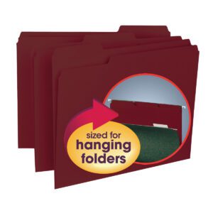 Three maroon Smead Interior File Folders, Letter Size, feature a magnified circular inset of the metal clasps at the top. An arrow with sized for hanging folders text emphasizes sturdy organization—100 per Box (10275).