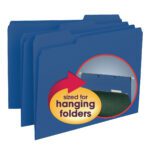 The Smead Interior File Folders, Navy, feature a 1/3-Cut Tab design and are compatible with hanging folders as illustrated by a cutout image and sized for hanging folders text highlighted by a yellow arrow. They come in a pack of 100 per Box (10279), perfect for organizing Letter Size documents.