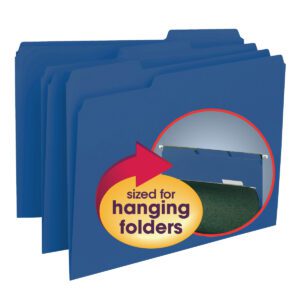 The Smead Interior File Folders, Navy, feature a 1/3-Cut Tab design and are compatible with hanging folders as illustrated by a cutout image and sized for hanging folders text highlighted by a yellow arrow. They come in a pack of 100 per Box (10279), perfect for organizing Letter Size documents.