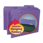 Three purple Smead Interior File Folders with 1/3-Cut Tabs are shown, featuring a circular inset of a folders metal hanging tab. A red arrow highlights it with text in a yellow and red oval: Sized for Hanging Folders. Pack of 100 per Box (10283).