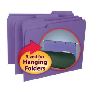 Three purple Smead Interior File Folders with 1/3-Cut Tabs are shown, featuring a circular inset of a folders metal hanging tab. A red arrow highlights it with text in a yellow and red oval: Sized for Hanging Folders. Pack of 100 per Box (10283).
