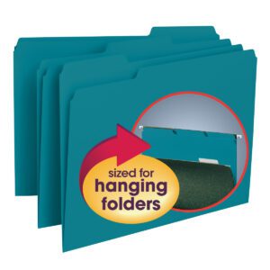 Smead 1/3-Cut Teal Interior File Folders, 100 per box (10291), are perfect for organizing your workspace. A teal folder in a hanging file frame is highlighted by a circular inset, with a red arrow and text confirming they fit letter-size hanging folders.