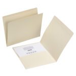 Two beige Smead Pocket Folders (Manila, letter size, with reinforced straight-cut tabs) are on the desk—one closed, and the other open showing a printed form and calendar inside. They are plain with no visible labels or markings.