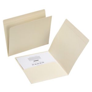 Two beige Smead Pocket Folders (Manila, letter size, with reinforced straight-cut tabs) are on the desk—one closed, and the other open showing a printed form and calendar inside. They are plain with no visible labels or markings.