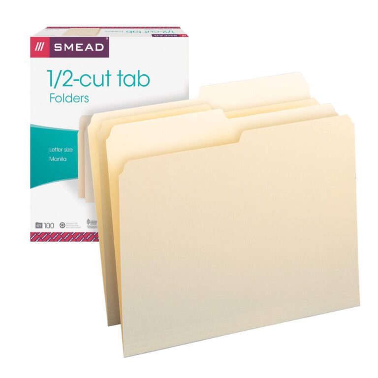 An open box of Smead Folder, 1/2-Cut Tab, Letter Size, Manila (Model 10320) reveals several upright folders. The box features purple and teal accents and holds 100 folders.