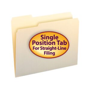 The Smead File Folder, 1/3-Cut Left Position, Letter Size in Manila (Product 10331), comes in a box of 100. It features a single top tab for straight-line filing and is designed for effortless organization.