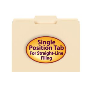 The manila Smead File Folder, 1/3-cut tab center position, reads Single Position Tab for Straight-Line Filing on a yellow oval label in red and purple text, available in sets of 100 per box (10332).