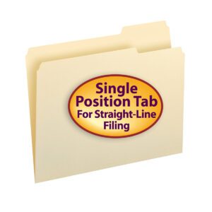 The Smead File Folder, Letter Size, 1/3-Cut Tab Right Position (10333), in Manila comes in a box of 100 with an orange oval sticker labeled Single Position Tab for Straight-Line Filing, ideal for organized storage.