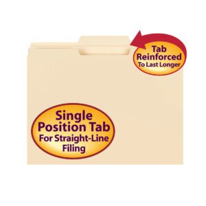Image of a Manila Smead File Folder (10336) with Single Position Tab For Straight-Line Filing and a red sticker reading Tab Reinforced To Last Longer. Features reinforced 1/3-cut tab at the top center. Ideal for letter-size documents, available in boxes of 100.