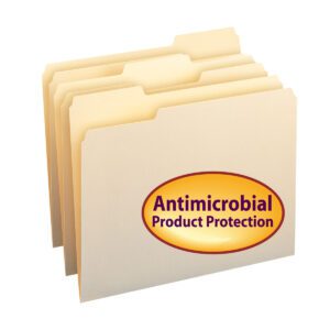Four Smead File Folders with Antimicrobial Product Protection, 1/3-cut tab letter size in manila, feature a purple and orange label on the front one. These folders are slightly fanned to showcase their organized elegance.