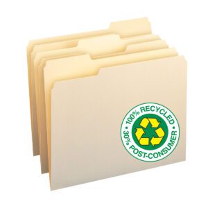A box of 100 Smead 100% Recycled File Folders features beige, letter-size folders with staggered 1/3-cut tabs. The front displays a green recycling symbol with 100% Recycled, 30% Post-Consumer. Available in manila, they are fan-arranged. (10339).