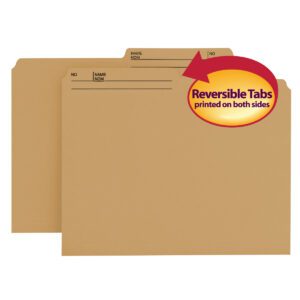 Two natural sand file folders with labeled tabs. A red and yellow arrow highlights Reversible Tabs printed on both sides. These Smead Reversible File Folders are letter-size, 1/2-cut right printed tab, and come 100 per box (10340) for maximum organization.