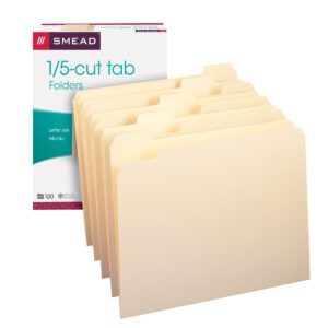 A box of 100 Smead File Folders (10350) has 1/5-cut tabs and an upright display of eight letter-size manila folders for perfect organization.
