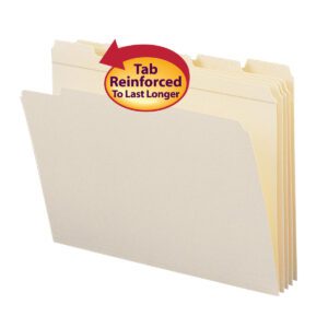 Three Smead Manila file folders with staggered tabs are slightly open, displaying a red and yellow sticker reading Tab Reinforced To Last Longer, pointing to the tabs of the 100 Per Box (10356) set.