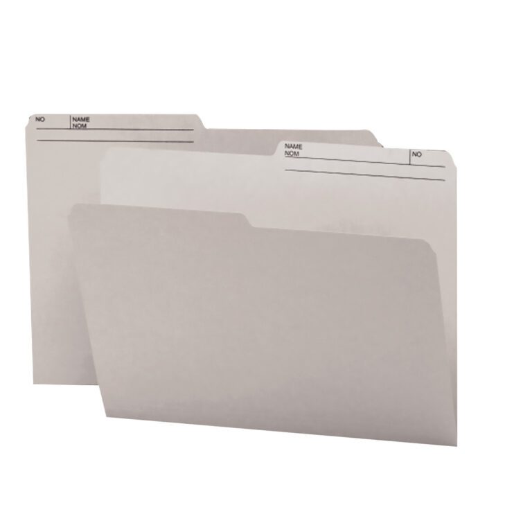 The Smead Reversible File Folder (10363) features 1/2-cut printed tabs labeled Name and No. These letter-sized, plain beige folders overlap slightly against a white background. They are available in gray with 100 folders per box.