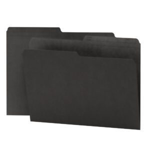 Two Smead reversible black letter-size file folders with 1/2-cut printed tabs stand upright against a white background, slightly overlapping to create depth.